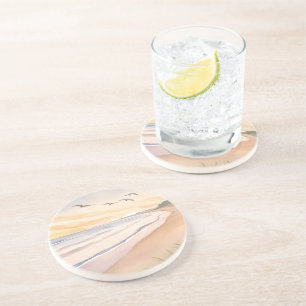 Ocean Shore   Bright Airy Watercolor Painting Coaster