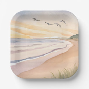 Ocean Shore   Bright Airy Watercolor Painting Paper Plate