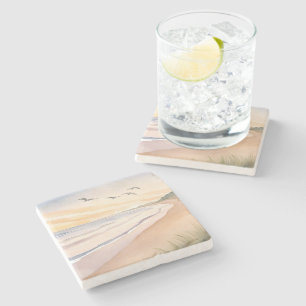 Ocean Shore   Bright Airy Watercolor Painting Stone Coaster