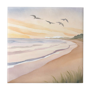 Ocean Shore   Bright Airy Watercolor Painting Tile