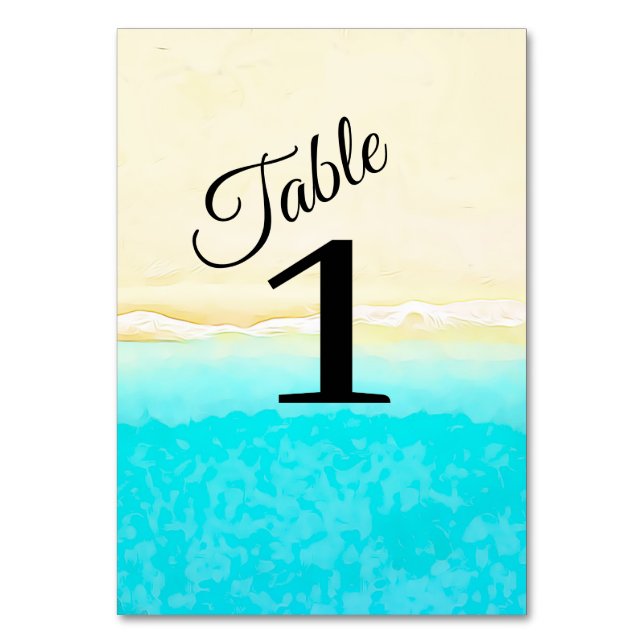 Ocean Shore Teal Water Wedding Table Number Cards (Back)