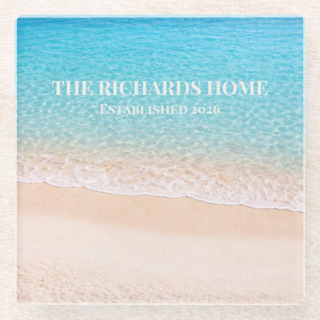 Ocean Shoreline Custom Name Glass Coaster (Front)