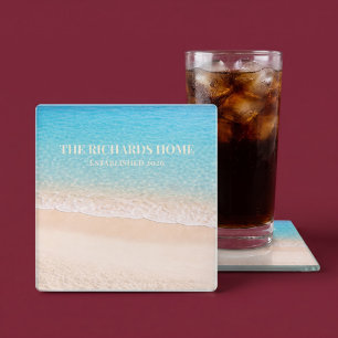 Ocean Shoreline Custom Name Glass Coaster