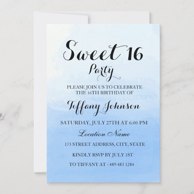 Ocean Sky Blue Ombre Pastel Sweet 16 Invitation (Front)