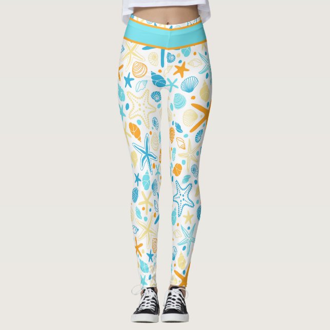 Ocean Starfish and Shells on White Leggings (Front)