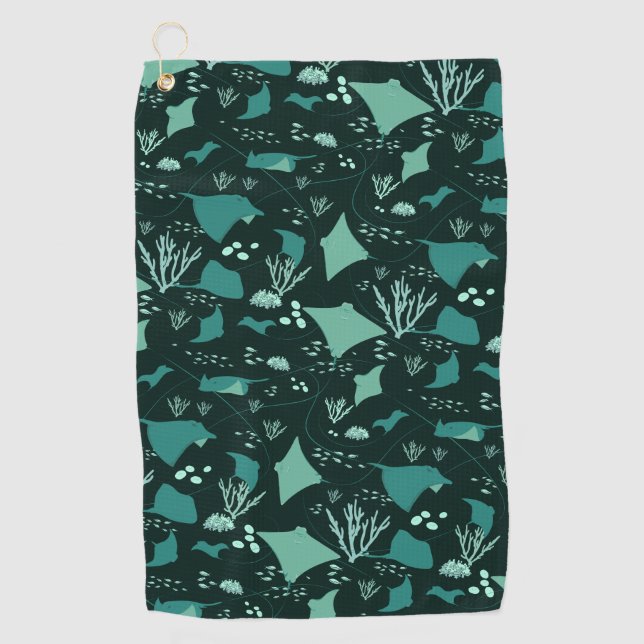 Ocean Stingrays and Fishes Underwater Pattern Golf Towel (Front)