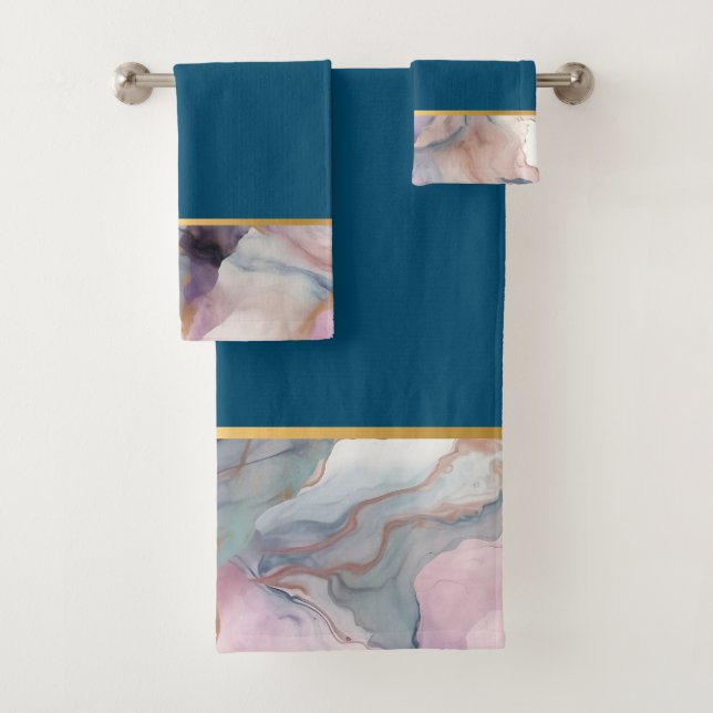 OCEAN STORM MARBLE GOLD TEAL BATHROOM TOWEL SET (Insitu)