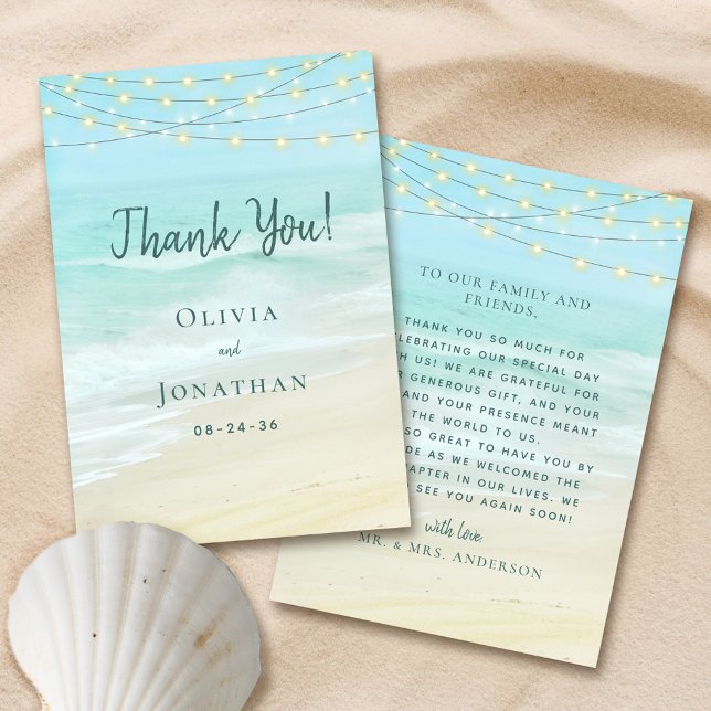 Ocean String Lights Beach Wedding  Thank You Card (Creator Uploaded)