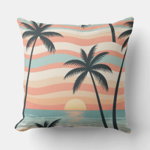 Ocean Stripes & Palms – Tropical Calm Throw Pillow