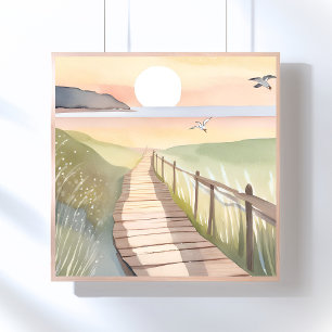 Ocean Stroll   Yellow Sunset Watercolor Poster