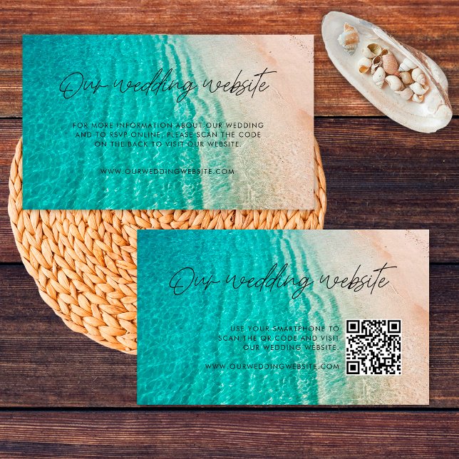 Ocean Summer Beach Wedding Website RSVP Qr Code Enclosure Card (Front/Back)