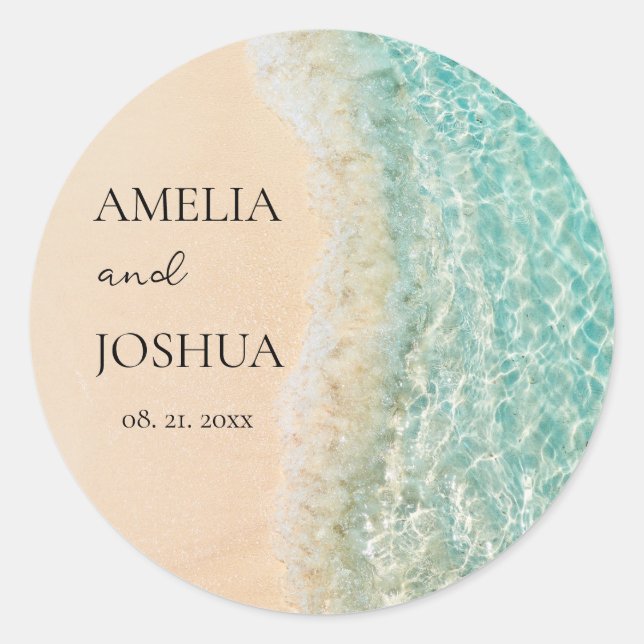 Ocean Summer Blue Beach White Sand Wedding Party Classic Round Sticker (Front)