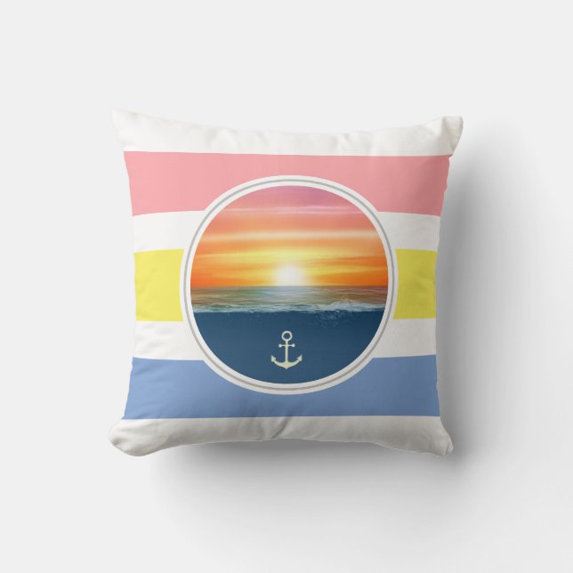 Ocean sunrise and pastel primary colours cushion (Front)