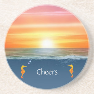Ocean sunrise and Seahorses Coaster