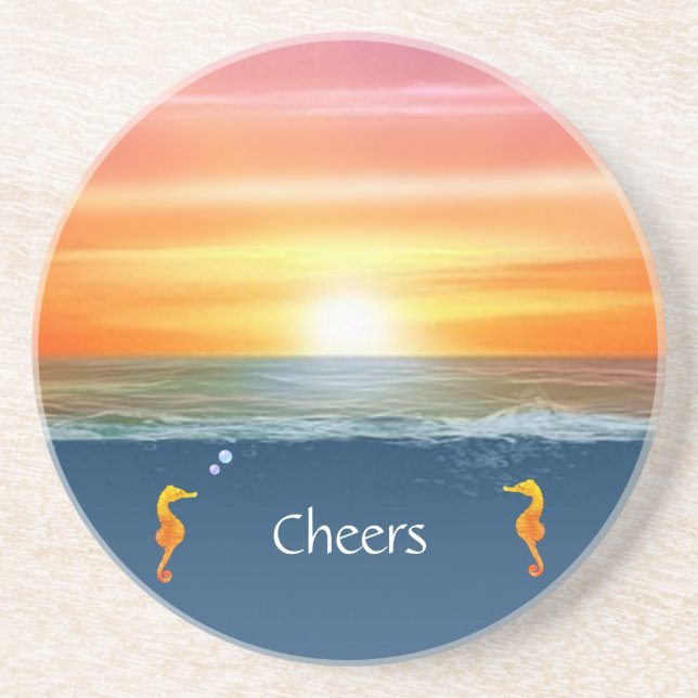 Ocean sunrise and Seahorses Coaster (Front)