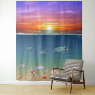 Ocean Sunrise and Swimming Sea Turtles Tapestry
