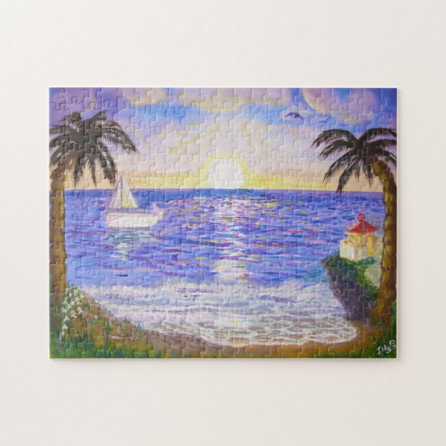 Ocean sunrise, coast landscape, yacht & palms art jigsaw puzzle (Horizontal)