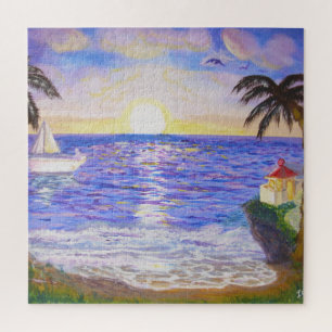 Ocean sunrise, coast landscape, yacht & palms art jigsaw puzzle