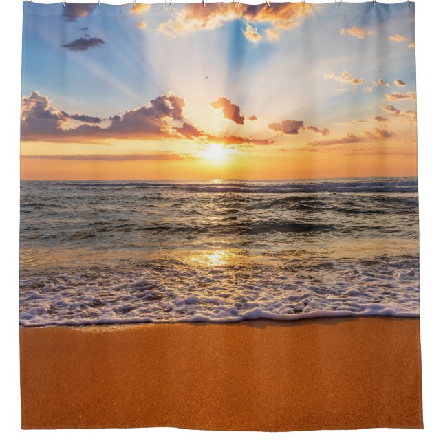 Ocean sunrise, deep blue horizon. shower curtain (Front)