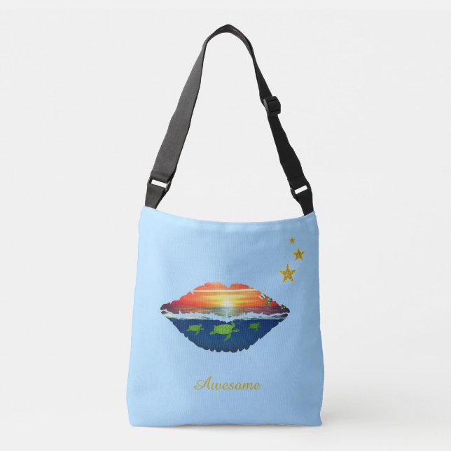 Ocean sunrise lips, stars and calligraphy on blue crossbody bag (Front)