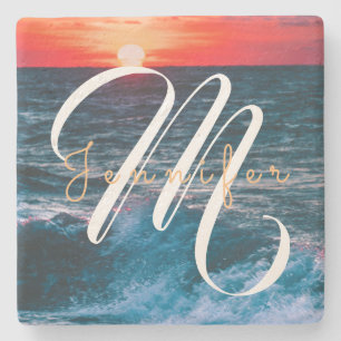 Ocean Sunrise Monogram Stone Coaster