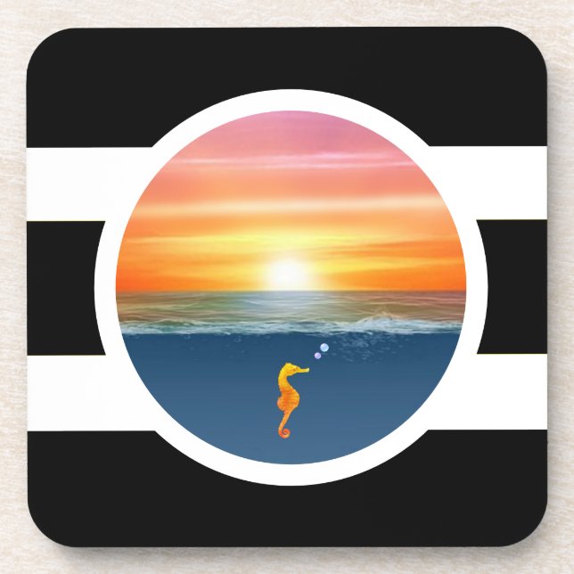 Ocean sunrise on Black & White Striped Coaster (Front)