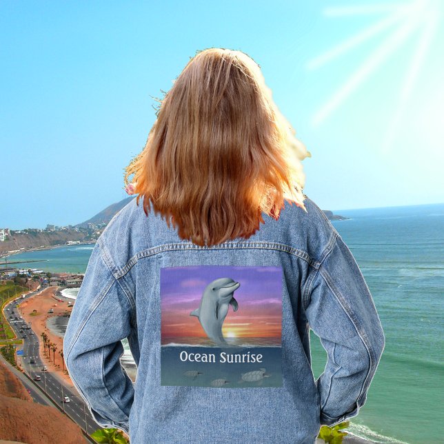 Ocean Sunrise, Sea Turtles and Dolphin Denim Jacket (Creator Uploaded)