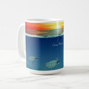 Ocean sunrise, sea turtles & calligraphy coffee mug