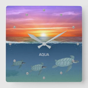 Ocean sunrise & swimming sea turtles square wall clock