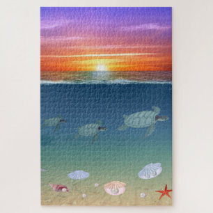 Ocean Sunrise, turtles, stars, shells & pearls Big Jigsaw Puzzle
