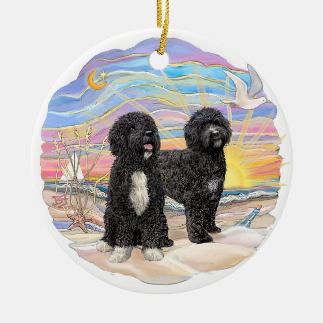 Ocean Sunrise - Two Portuguese Water Dogs Ceramic Tree Decoration (Front)