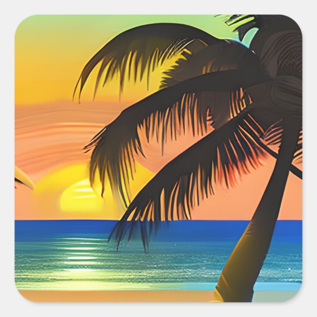 Ocean, Sunset and Palm Tree Square Sticker (Front)