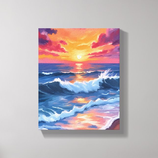 Ocean Sunset Beach Waves Watercolor Canvas Print (Front)