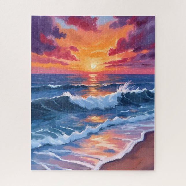 Ocean Sunset Beach Waves Watercolor Jigsaw Puzzle (Vertical)