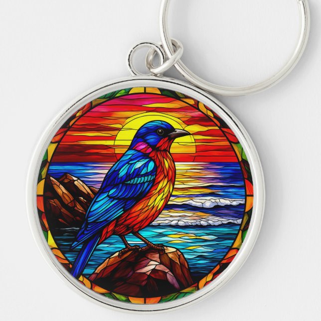 Ocean Sunset Bird Perched Rock Gift Key Ring (Front)