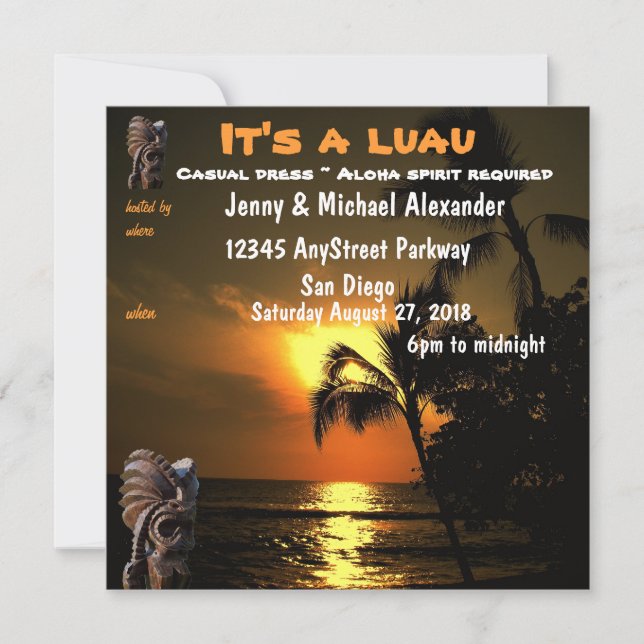 Ocean Sunset Hawaiian Luau Tiki Invitation (Front)