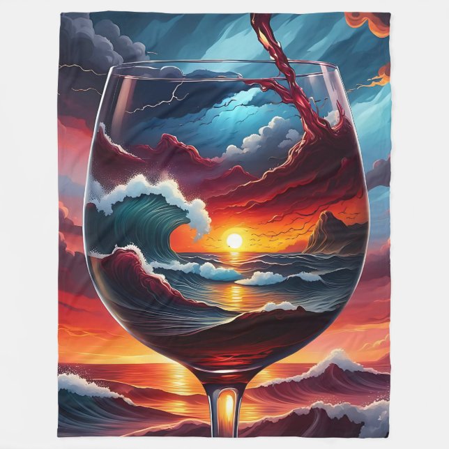 “Ocean Sunset in Wine Glass- Surreal Seascape Art" Fleece Blanket (Front)