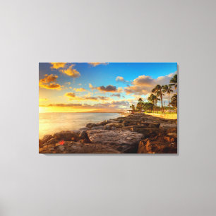 Ocean Sunset Over Rocks And Palm   O'Ahu Canvas Print