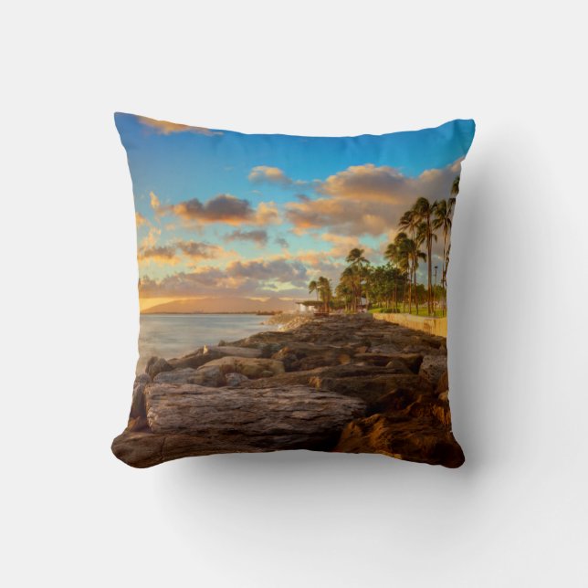Ocean Sunset Over Rocks And Palm | O'Ahu Cushion (Front)