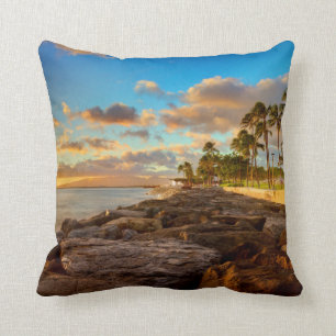 Ocean Sunset Over Rocks And Palm   O'Ahu Cushion