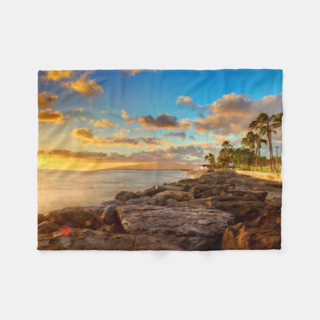 Ocean Sunset Over Rocks And Palm | O'Ahu Fleece Blanket (Front (Horizontal))