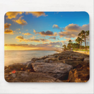 Ocean Sunset Over Rocks And Palm O'Ahu Mouse Pad