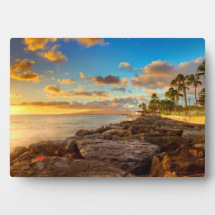Ocean Sunset Over Rocks And Palm O'Ahu Plaque