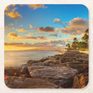 Ocean Sunset Over Rocks And Palm O'Ahu Square Paper Coaster