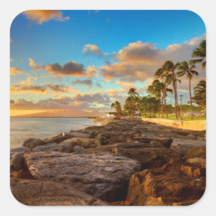 Ocean Sunset Over Rocks And Palm O'Ahu Square Sticker