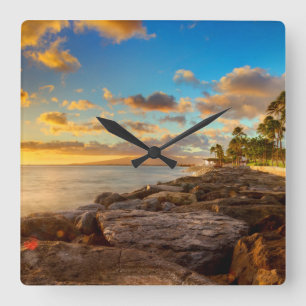 Ocean Sunset Over Rocks And Palm O'Ahu Square Wall Clock