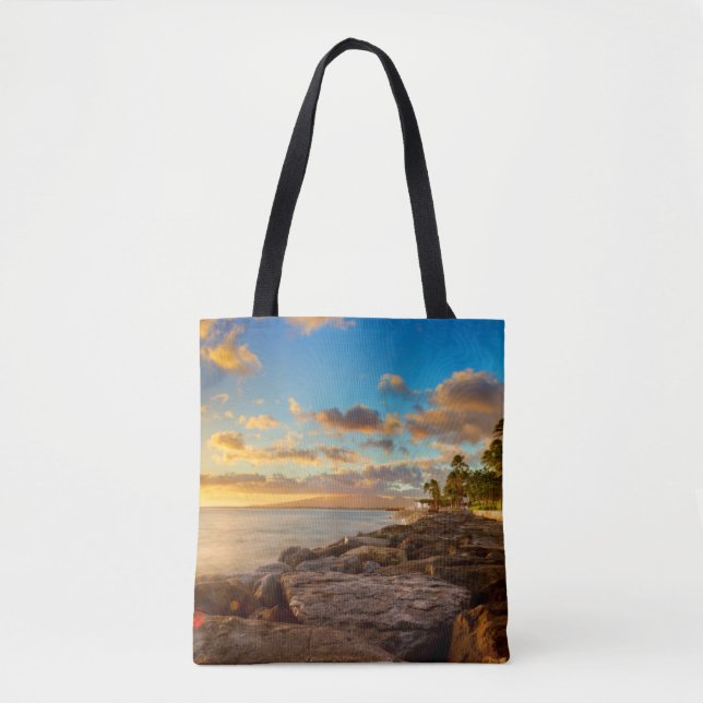 Ocean Sunset Over Rocks And Palm | O'Ahu Tote Bag (Front)