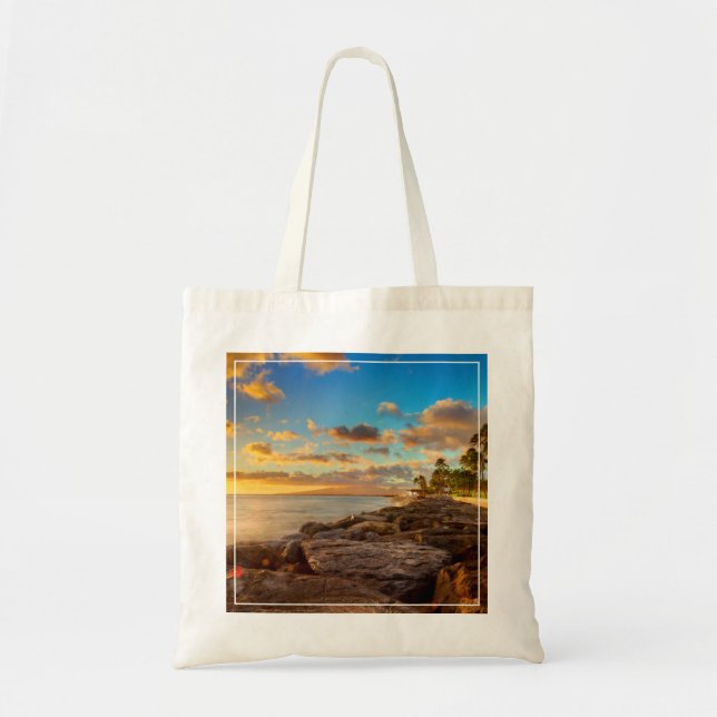 Ocean Sunset Over Rocks And Palm | O'Ahu Tote Bag (Front)