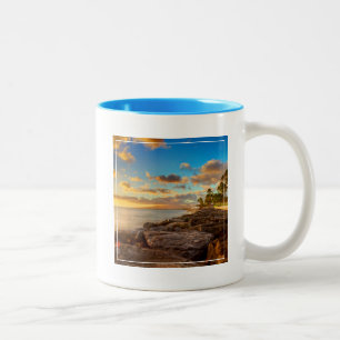 Ocean Sunset Over Rocks And Palm O'Ahu Two-Tone Coffee Mug