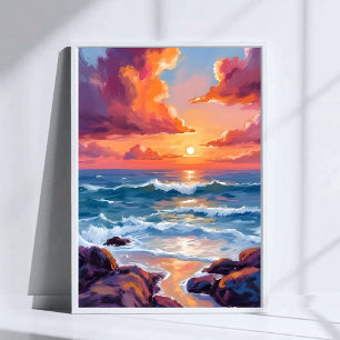 Ocean Sunset Pastel Watercolor Beach Painting Poster
